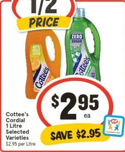 Cottee's - Cordial 1 Litre Selected Varieties offers at $2.95 in IGA