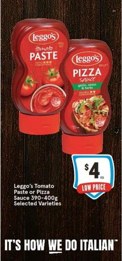 Leggo's - Tomato Paste Or Pizza Sauce 390-400g Selected Varieties offers at $4 in IGA