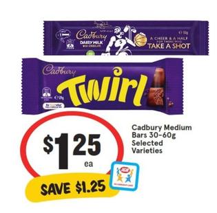 Cadbury - Medium Bars 30-60g Selected Varieties offers at $1.25 in IGA