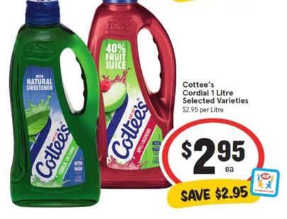 Cottee's - Cordial 1 Litre Selected Varieties offers at $2.95 in IGA