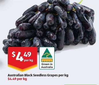 Australian Black Seedless Grapes Per Kg offers at $4.49 in ALDI