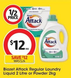 Biozet Attack - Regular Laundry Liquid 2 Litre offers at $12.84 in Coles