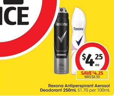 Rexona - Antiperspirant Aerosol Deodorant 250ml offers at $4.25 in Coles