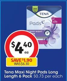 Tena - Maxi Night Pads Long Length 6 Pack offers at $4.4 in Coles