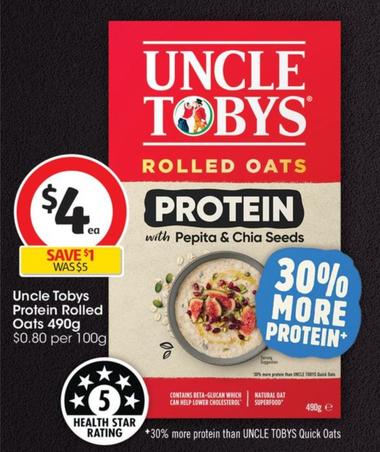 Uncle Tobys - Protein Rolled Oats 490g offers at $4 in Coles