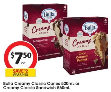 Bulla - Creamy Classic Cones 520mL offers at $7.5 in Coles