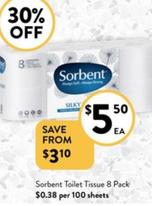 Sorbent - Toilet Tissue 8 Pack offers at $5.5 in Foodworks
