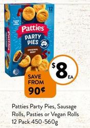 Patties - Party Pies, Sausage Rolls, Pasties Or Vegan Rolls 12 Pack 450-560g offers at $8 in Foodworks