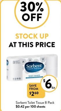 Sorbent - Toilet Tissue 8 Pack offers at $6 in Foodworks