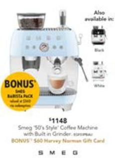 Smeg - ‘50’s Style’ Coffee Machine With Built In Grinder - Pastel Blue offers at $1148 in Harvey Norman