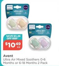 Philips - Avent Ultra Air Mixed Soothers 0-6 Months Or 6-18 Months 2 Pack offers at $10.49 in Your Local Pharmacy