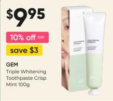 Gem - Triple Whitening Toothpaste Crisp Mint 100g offers at $9.95 in Super Pharmacy