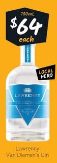 Lawrenny - Van Diemen’s Gin offers at $64 in Cellarbrations