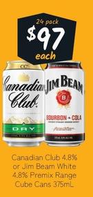Canadian Club - 4.8% Or Jim Beam White 4.8% Premix Range Cube Cans 375ml offers at $99 in Cellarbrations
