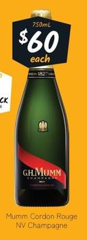 Mumm - Cordon Rouge Nv Champagne offers at $60 in Cellarbrations