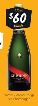 Mumm - Cordon Rouge Nv Champagne offers at $60 in Cellarbrations