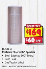 Ultimate Ears - BOOM 3 Portable Bluetooth Speaker  offers at $169 in JB Hi Fi