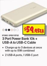 Belkin - 3 Port Power Bank 10k + USB-A to USB-C Cable  offers at $59.95 in JB Hi Fi