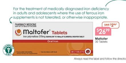 Maltofer - 30 Tablets offers at $26.99 in Soul Pattinson Chemist