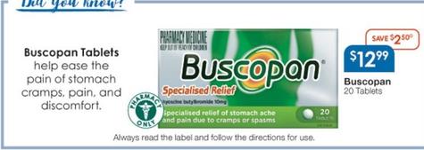 Buscopan - 20 Tablets offers at $12.99 in Soul Pattinson Chemist