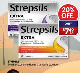 Strepsils - - Extra Blackcurrant Or Honey & Lemon 16 Lozenges offers at $7.49 in Alliance Pharmacy
