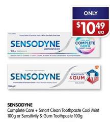 Sensodyne - Complete Care + Smart Clean Toothpaste Cool Mint 100g Or Sensitivity & Gum Toothpaste 100g offers at $10.49 in Alliance Pharmacy