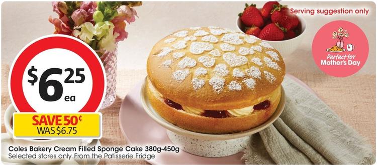 Coles - Bakery Cream Filled Sponge Cake 380g-450g offers at $6.25 in Coles