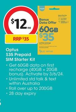 Optus - $35 Prepaid Sim Starter Kit offers at $12 in Coles