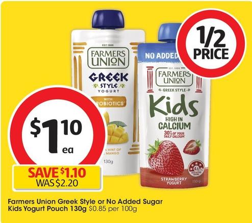 Farmers Union - Greek Style Yogurt Pouch 130g offers at $1.1 in Coles