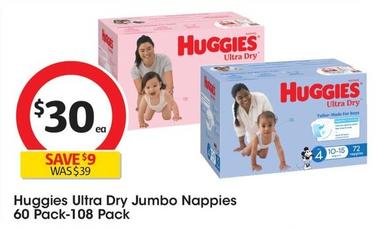 Huggies - Ultra Dry Jumbo Nappies 60 Pack-108 Pack offers at $30 in Coles