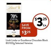 Lindt - Lindor Or Excellence Chocolate Block 80/100g Selected Varieties offers at $3.25 in Foodworks