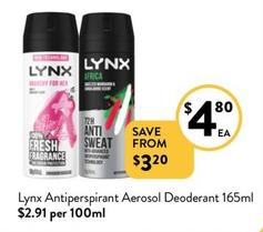 Lynx - Antiperspirant Aerosol Deoderant 165ml offers at $4.8 in Foodworks