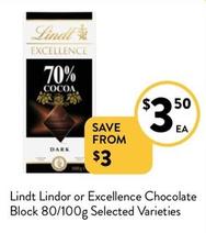 Lindt - Lindor or Excellence Chocolate Block 80/100g Selected Varieties offers at $3.5 in Foodworks
