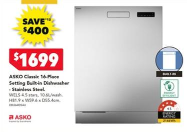 Asko - Classic 16-place Setting Built-in Dishwasher - Stainless Steel offers at $1699 in Harvey Norman