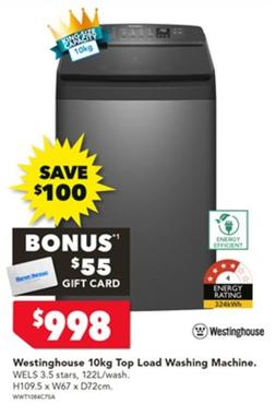 Westinghouse - 10kg Top Load Washing Machine offers at $998 in Harvey Norman