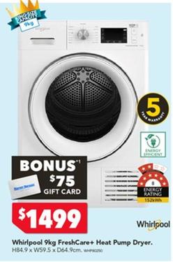 Whirlpool - 9kg Freshcare+ Heat Pump Dryer offers at $1499 in Harvey Norman