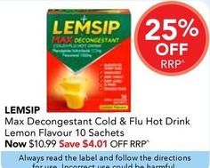 Lemsip - Max Decongestant Cold & Flu Hot Drink Lemon Flavour 10 Sachets offers at $10.99 in Amcal