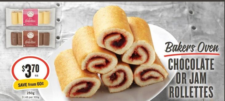 Bakers Oven - Chocolate Or Jam Rollettes 250g offers at $3.7 in IGA
