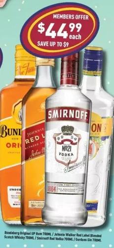 Bundaberg - Original Up Rum 700ml/ Johnnie Walker Red Label Blended Scotch Whisky 700ml/smirnoff Red Vodka 700ml/gordons Gin 700ml offers at $44.99 in Liquor Legends
