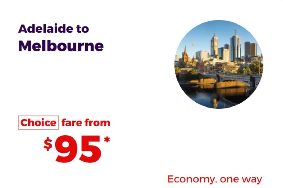 Adelaide to Melbourne offers at $95 in Velocity