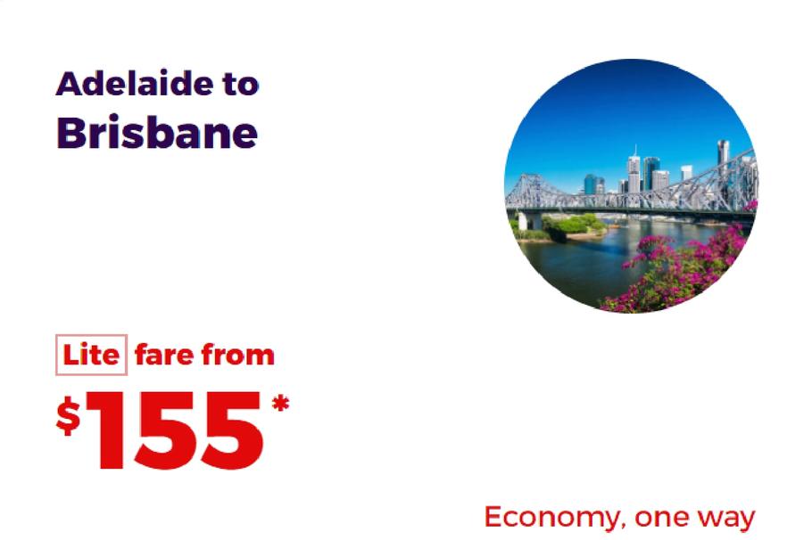 Adelaide to Brisbane offers at $155 in Velocity