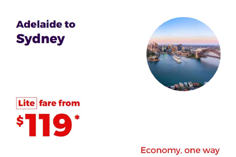 Adelaide to Sydney offers at $119 in Velocity