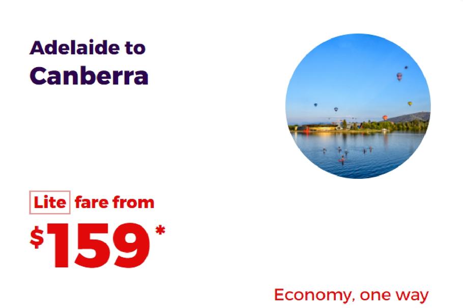 Adelaide to Canberra offers at $159 in Velocity