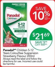 Panadol - Children 5-12 Years Colourfree Suspension Strawberry Flavour 200ml offers at $21.69 in TerryWhite Chemmart