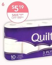 Quilton - Classic White 3 Ply Toilet Tissue 10 pack offers at $5.19 in TerryWhite Chemmart