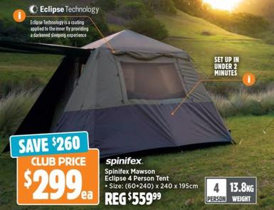 Spinifex - Mawson Eclipse 4 Person Tent offers at $299 in Anaconda