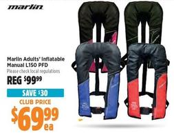 Marlin - Adults’ Inflatable Manual L150 PFD offers at $69.99 in Anaconda