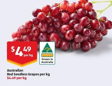 Australian Red Seedless Grapes Per Kg offers at $4.49 in ALDI
