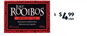 Just Rooibos African Tea Bags 40pk offers at $4.99 in ALDI