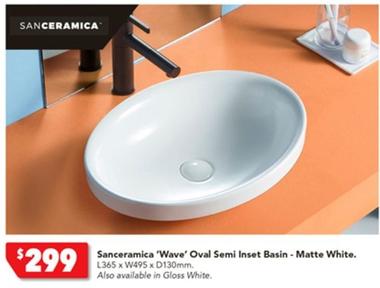 Sanceramica - 'wave' Oval Semi Inset Basin Matte White offers at $299 in Harvey Norman